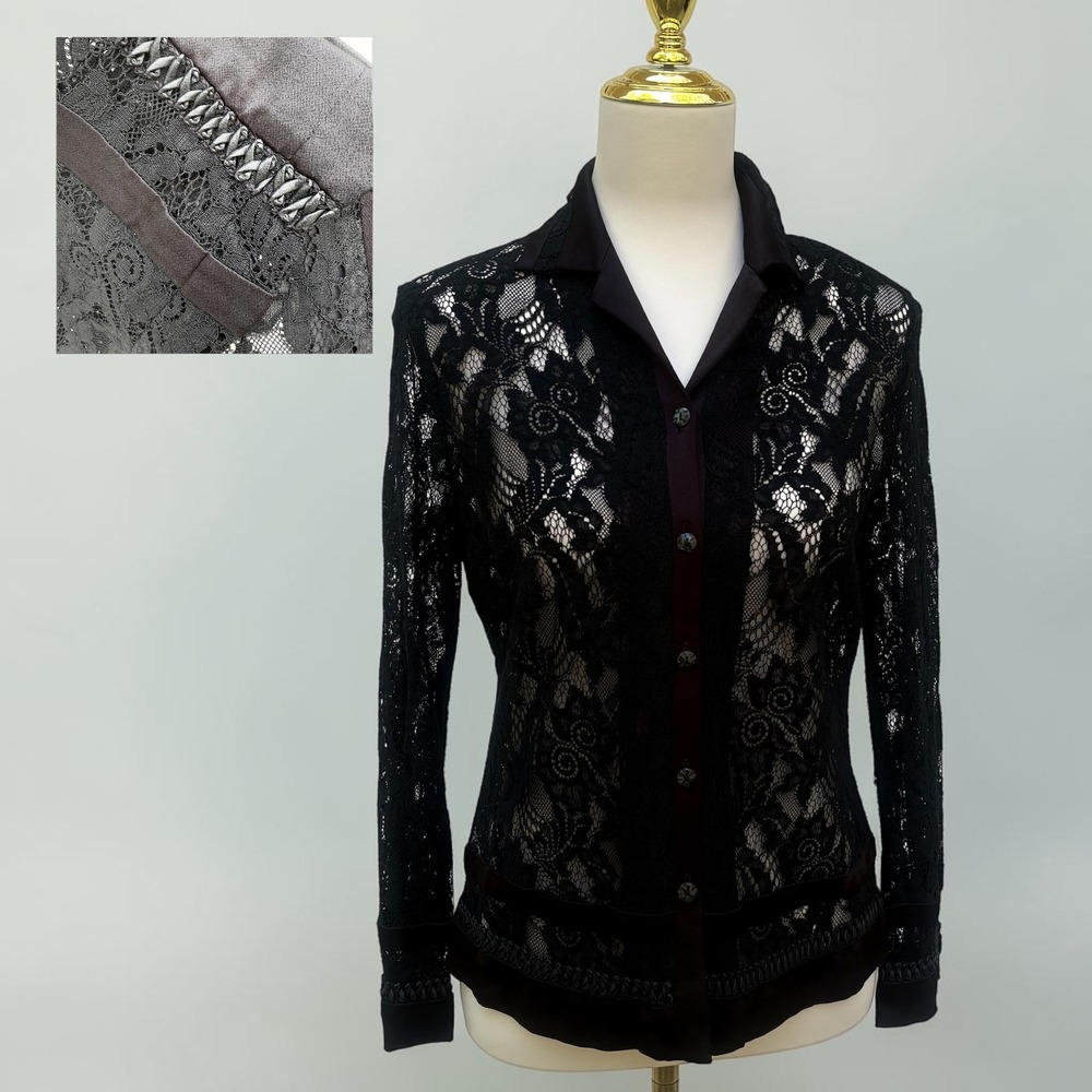 Whimsigoth Lace Button Down Shirt Sm Black Sheer Floral Sleeve Vampy Dark Witchy